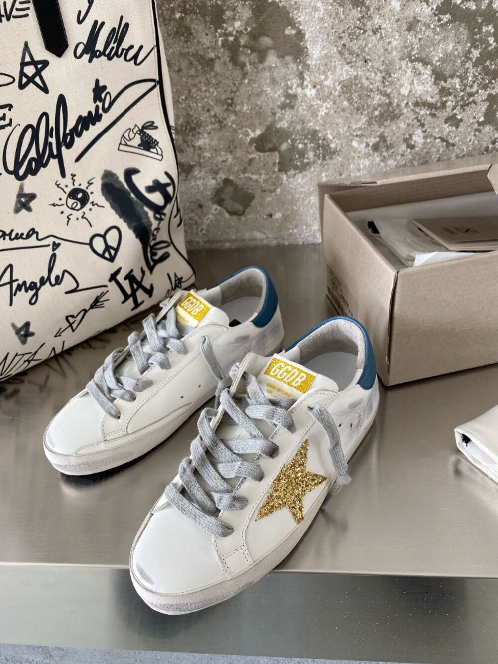 Golden Goose Blue and Gold Star Sneakers - Picture 3 of 7